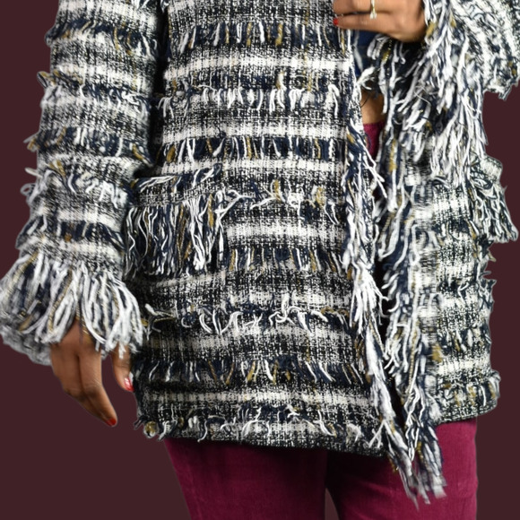 Zara Basic Fringe Tweed Coat Jacket Black White Metallic Thread Open Front Small - Picture 5 of 15